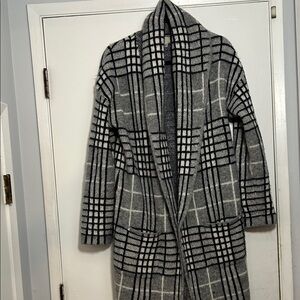 A New Day Plaid Longline Open Front Cardigan Coat Black Gray 2 Front Pockets